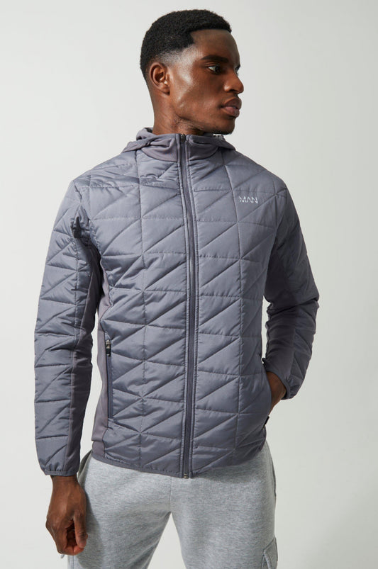 Man Active Hybrid Block Quilted Zip Through Hoodie